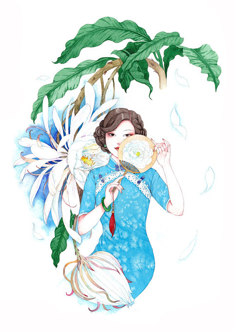 民国旗袍美女拿扇子遮面